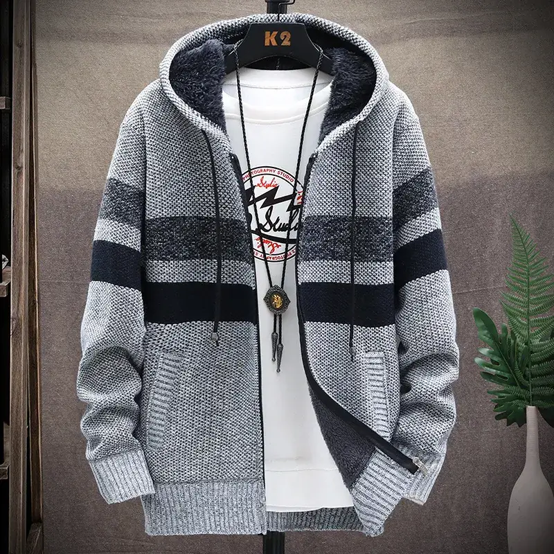 Men's Korean Style Knitted Hoodie Blue Gray Plus Size