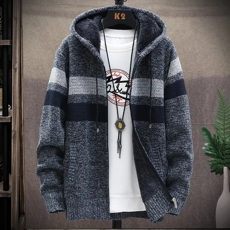 Men's Korean Style Knitted Hoodie Blue Gray Plus Size