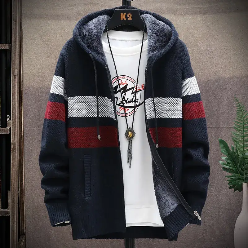 Men's Korean Style Knitted Hoodie Blue Gray Plus Size