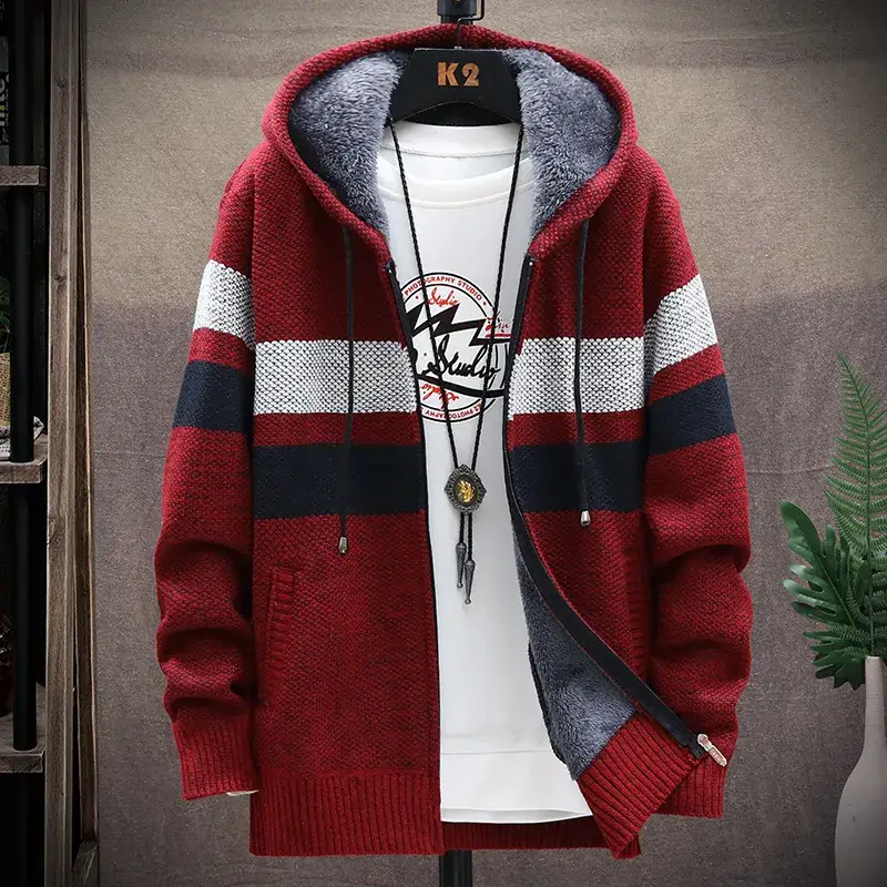 Men's Korean Style Knitted Hoodie Blue Gray Plus Size