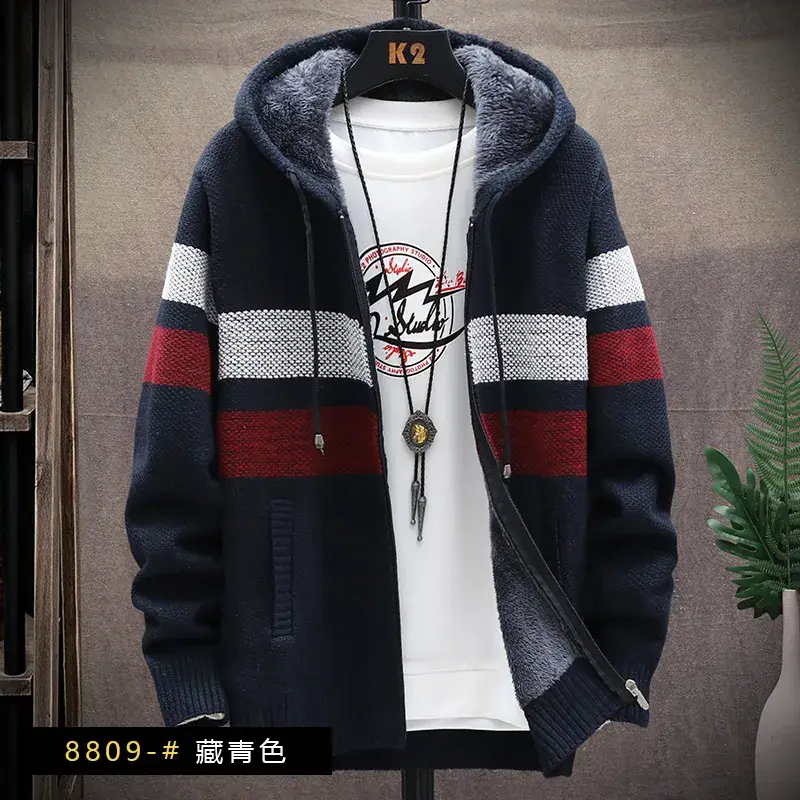Men's Korean Style Knitted Hoodie Blue Gray Plus Size