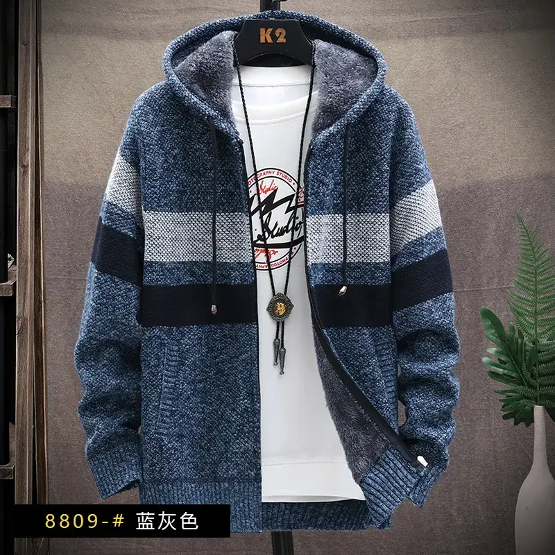 Men's Korean Style Knitted Hoodie Blue Gray Plus Size