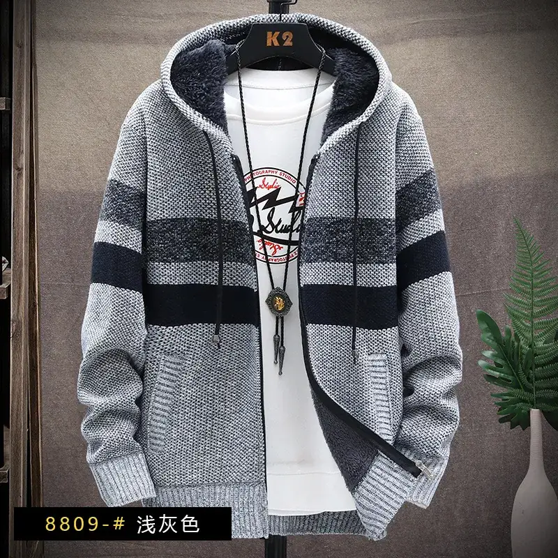 Men's Korean Style Knitted Hoodie Blue Gray Plus Size