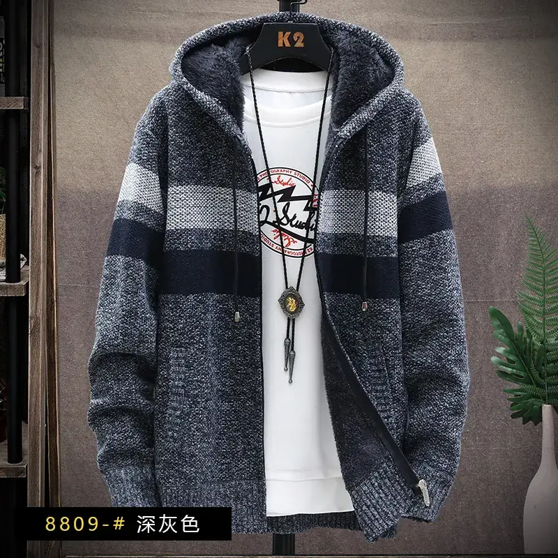 Men's Korean Style Knitted Hoodie Blue Gray Plus Size