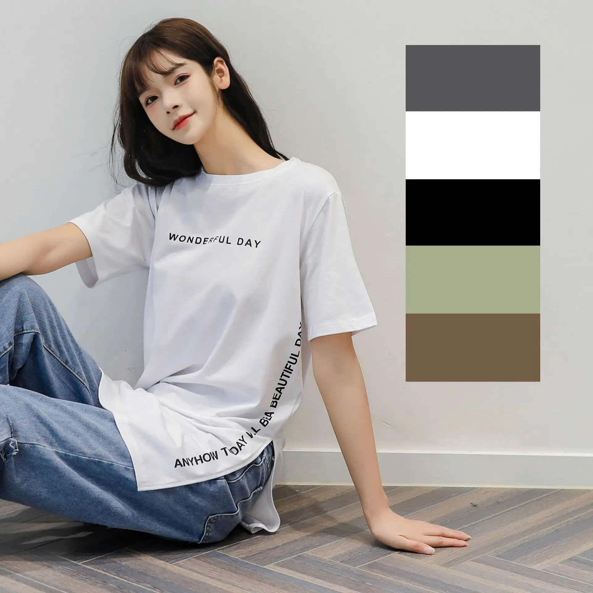 Women White Letter Print Short Sleeve T-Shirt Mid Length