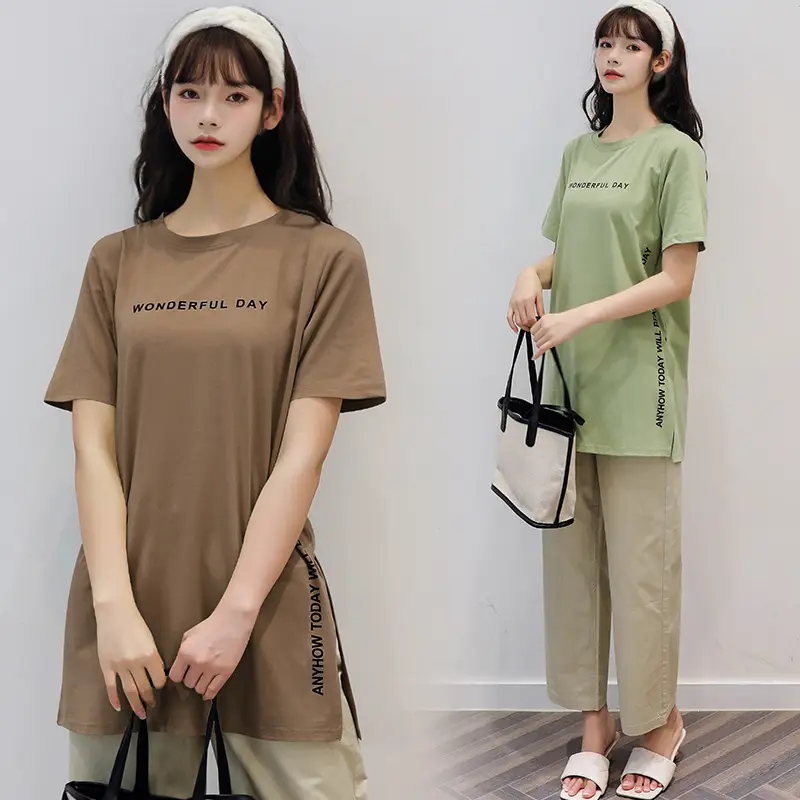 Women White Letter Print Short Sleeve T-Shirt Mid Length