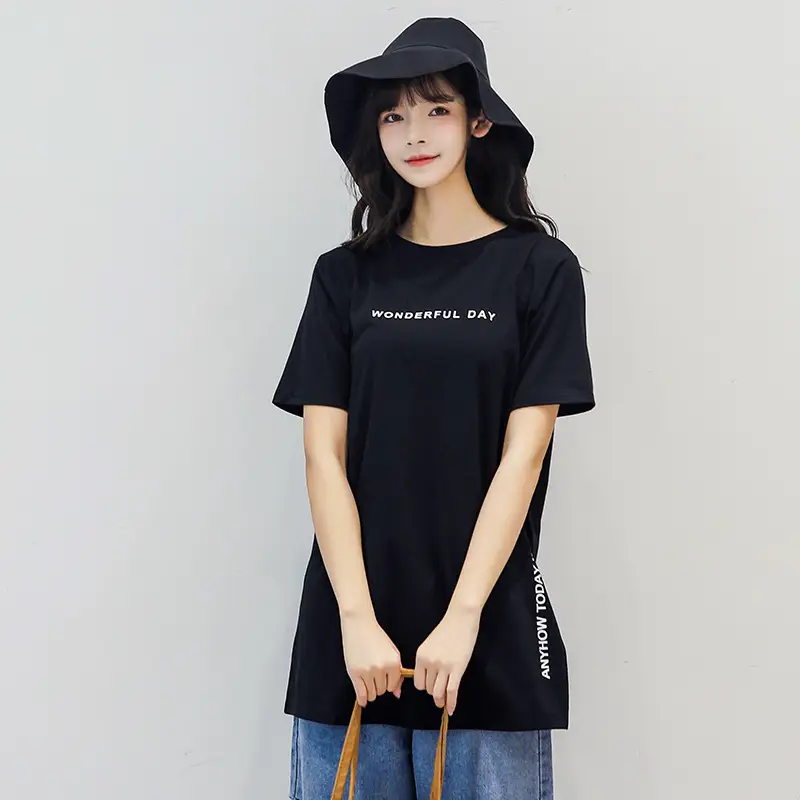 Women White Letter Print Short Sleeve T-Shirt Mid Length