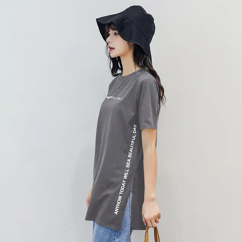 Women White Letter Print Short Sleeve T-Shirt Mid Length