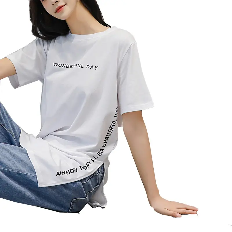 Women White Letter Print Short Sleeve T-Shirt Mid Length