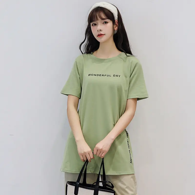 Women White Letter Print Short Sleeve T-Shirt Mid Length