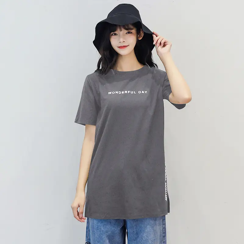 Women White Letter Print Short Sleeve T-Shirt Mid Length