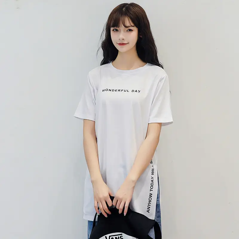 Women White Letter Print Short Sleeve T-Shirt Mid Length
