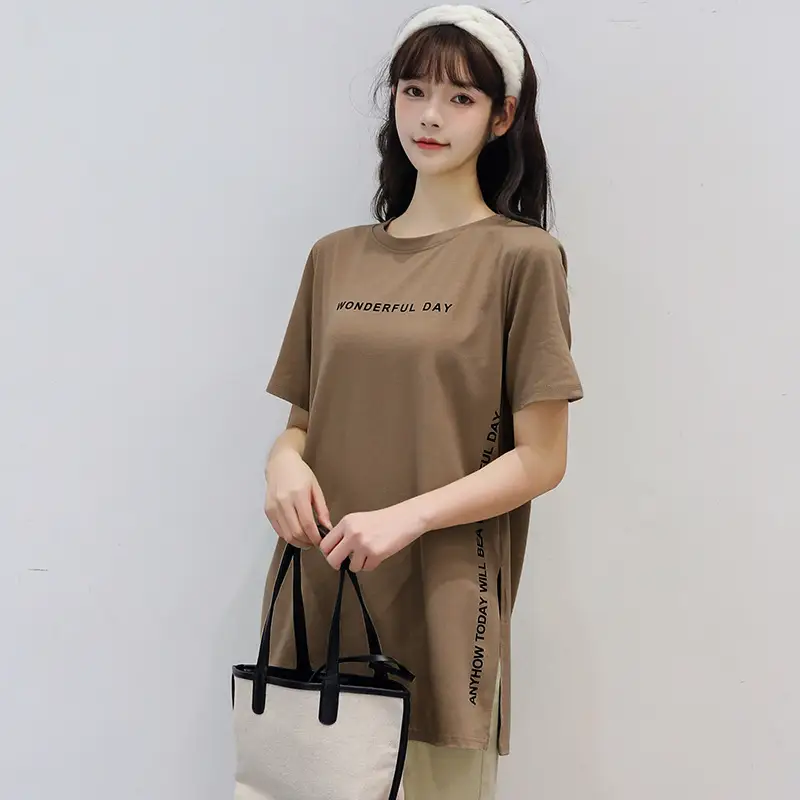 Women White Letter Print Short Sleeve T-Shirt Mid Length