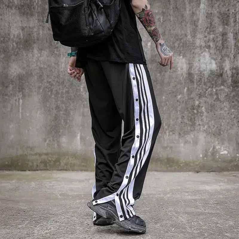 Men Black Track Pants with White Stripes & Buckles - Image 2