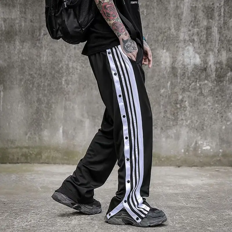 Men Black Track Pants with White Stripes & Buckles - Image 3