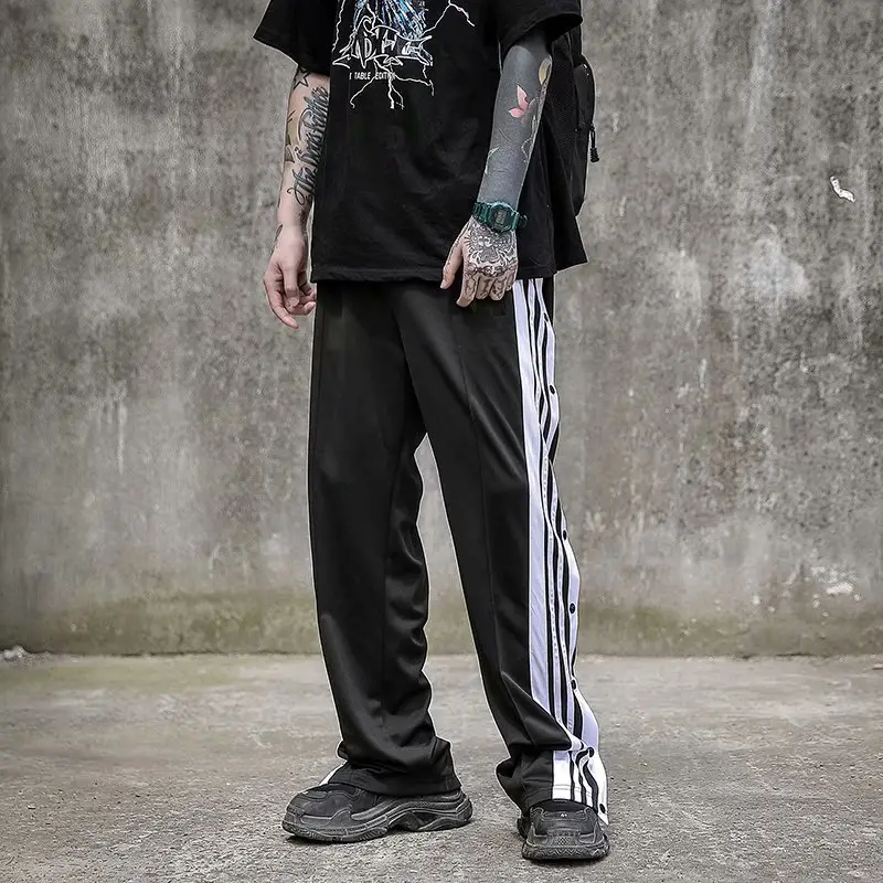 Men Black Track Pants with White Stripes & Buckles - Image 4