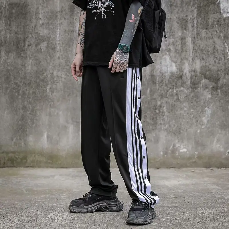 Men Black Track Pants with White Stripes & Buckles - Image 5
