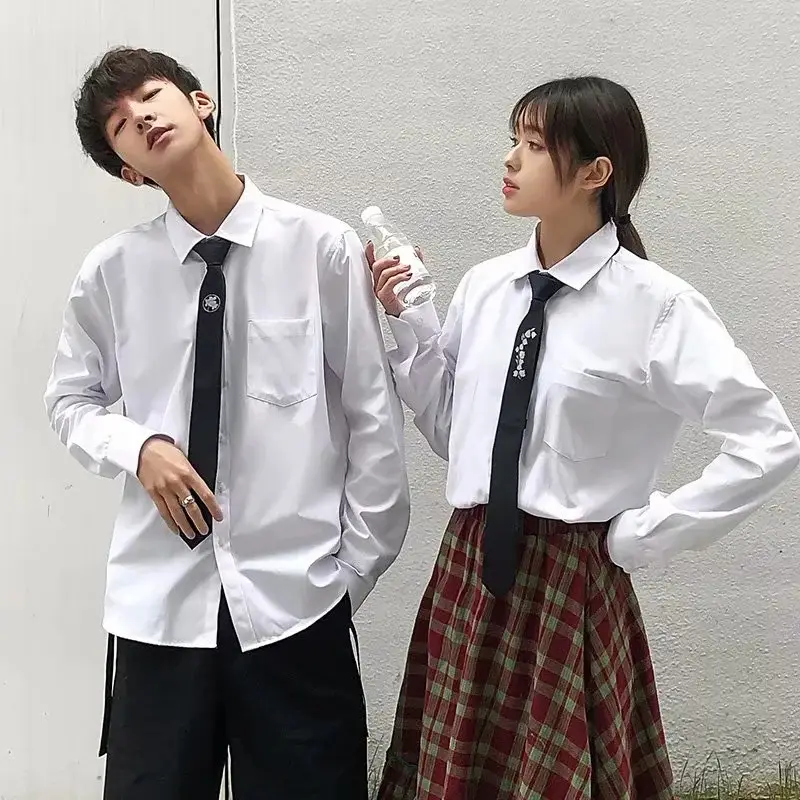 Men White Tie Shirt Long Sleeve College Suit Top - Image 2