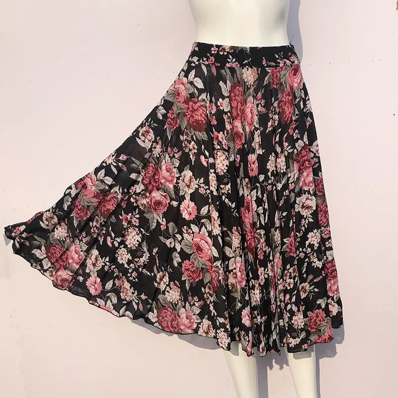 Black Floral Ice Silk Skirt for Women Summer Wear - Image 3