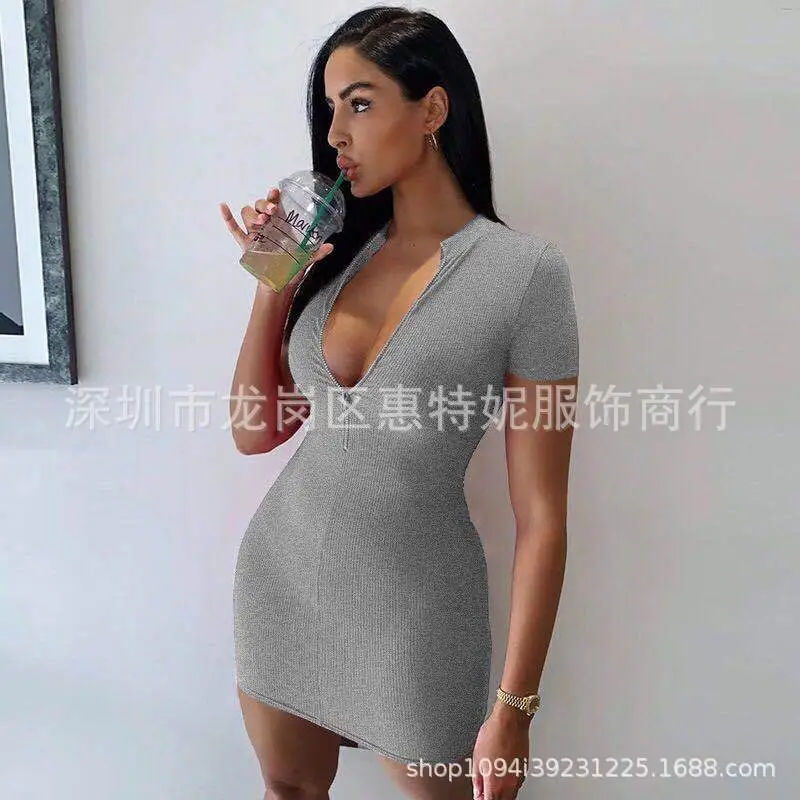 2020 Summer Zipper Knit Rib Tight Dress Women