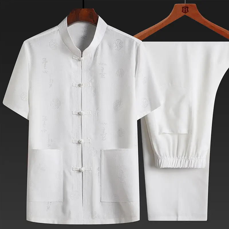 Men Cotton Linen Chinese Style Suit White Short Sleeve
