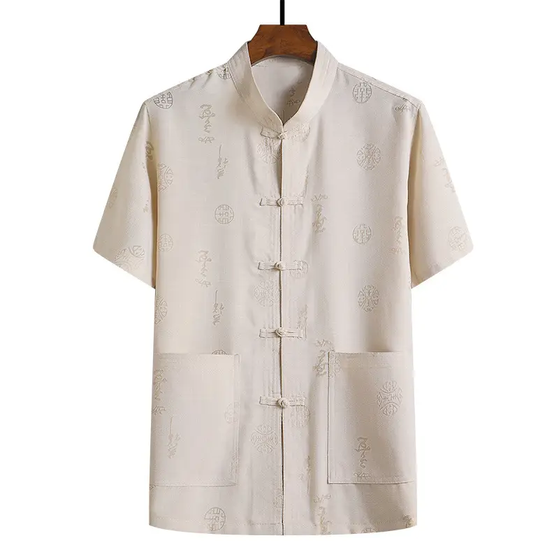 Men Cotton Linen Chinese Style Suit White Short Sleeve