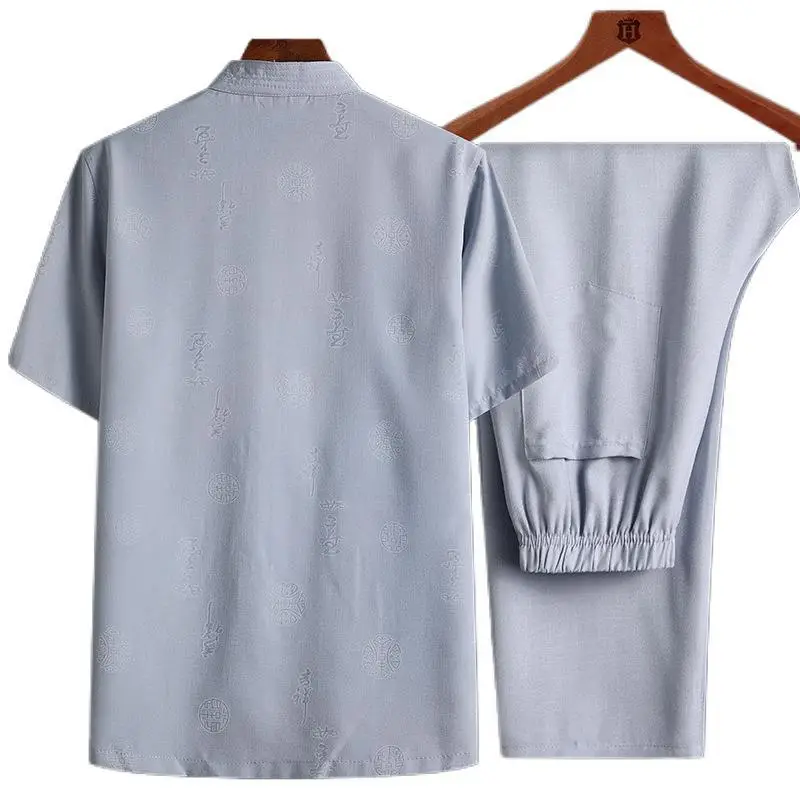 Men Cotton Linen Chinese Style Suit White Short Sleeve