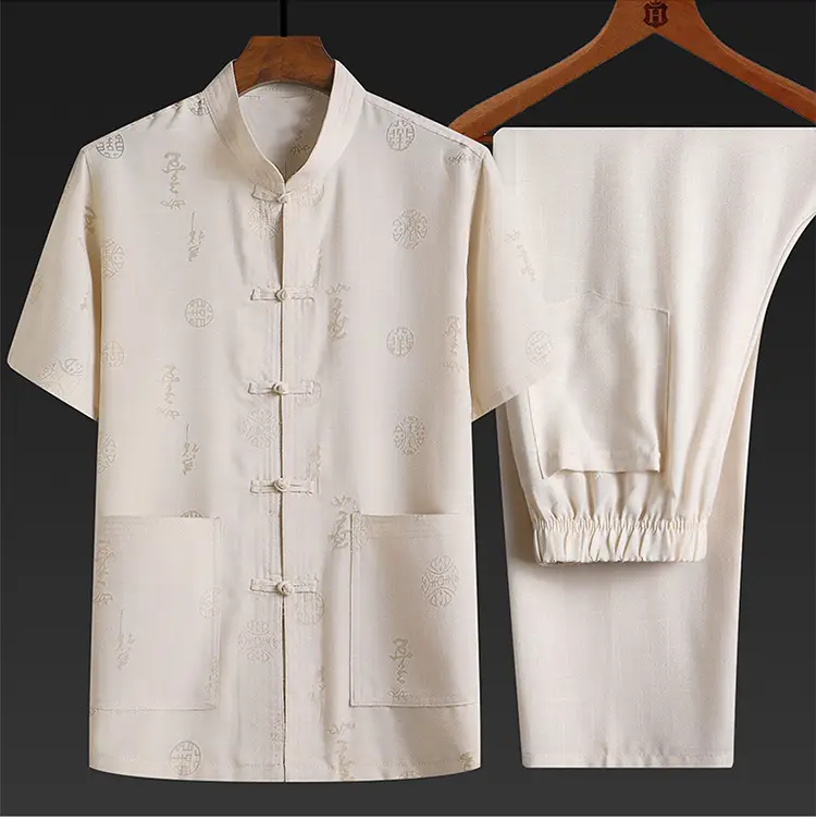 Men Cotton Linen Chinese Style Suit White Short Sleeve — feature 13