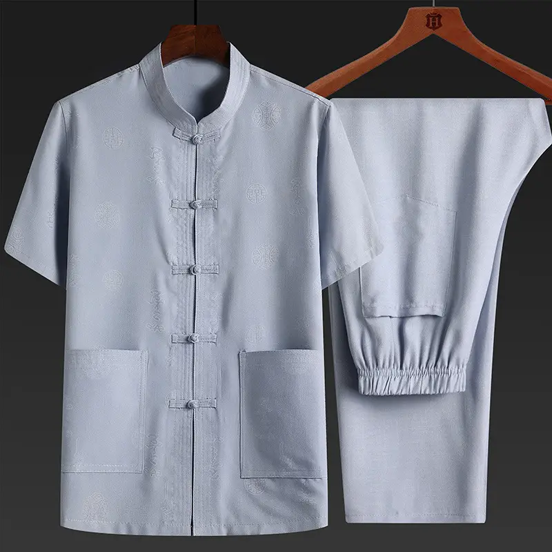Men Cotton Linen Chinese Style Suit White Short Sleeve