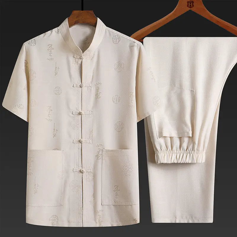 Men Cotton Linen Chinese Style Suit White Short Sleeve