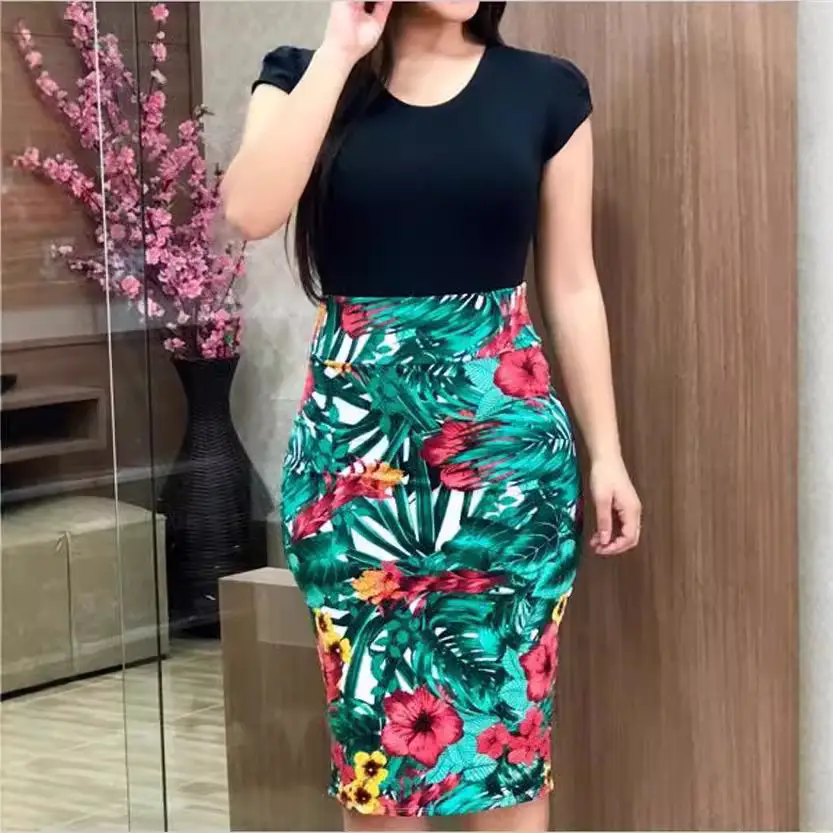 Plus Size Women Floral Print Bodycon Short Sleeve Dress - Image 15