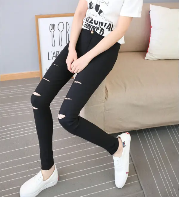Women's Black Hole Pencil Leggings Plus Size with Pockets - Image 2