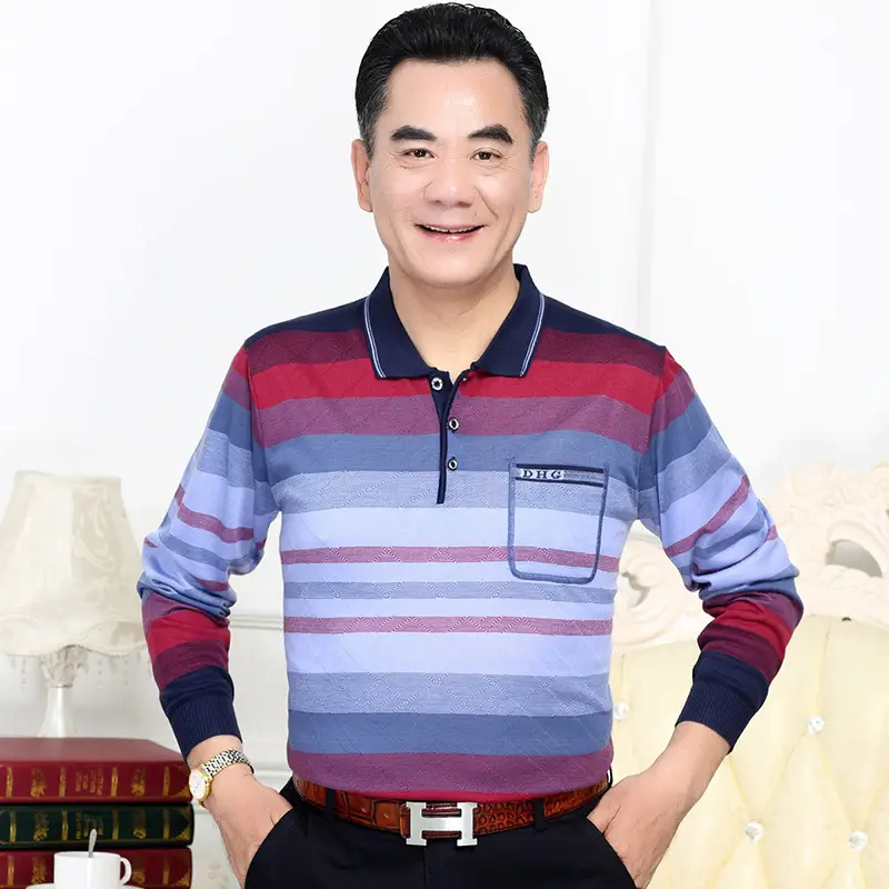 Men Long Sleeve Striped Polo T-Shirt with Real Pocket - Image 5