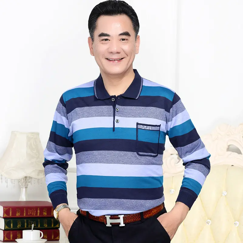 Men Long Sleeve Striped Polo T-Shirt with Real Pocket - Image 6