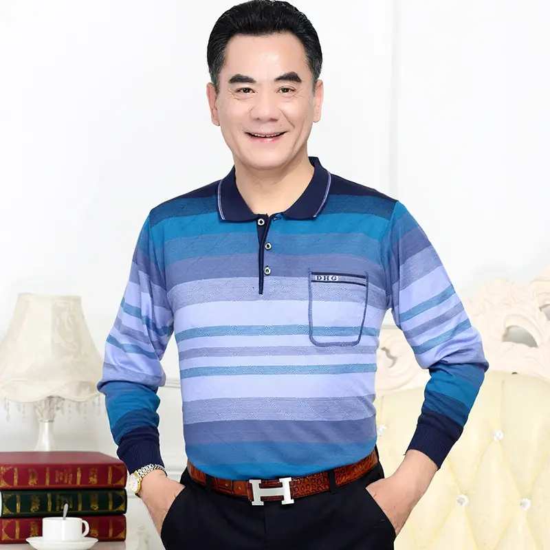 Men Long Sleeve Striped Polo T-Shirt with Real Pocket - Image 3