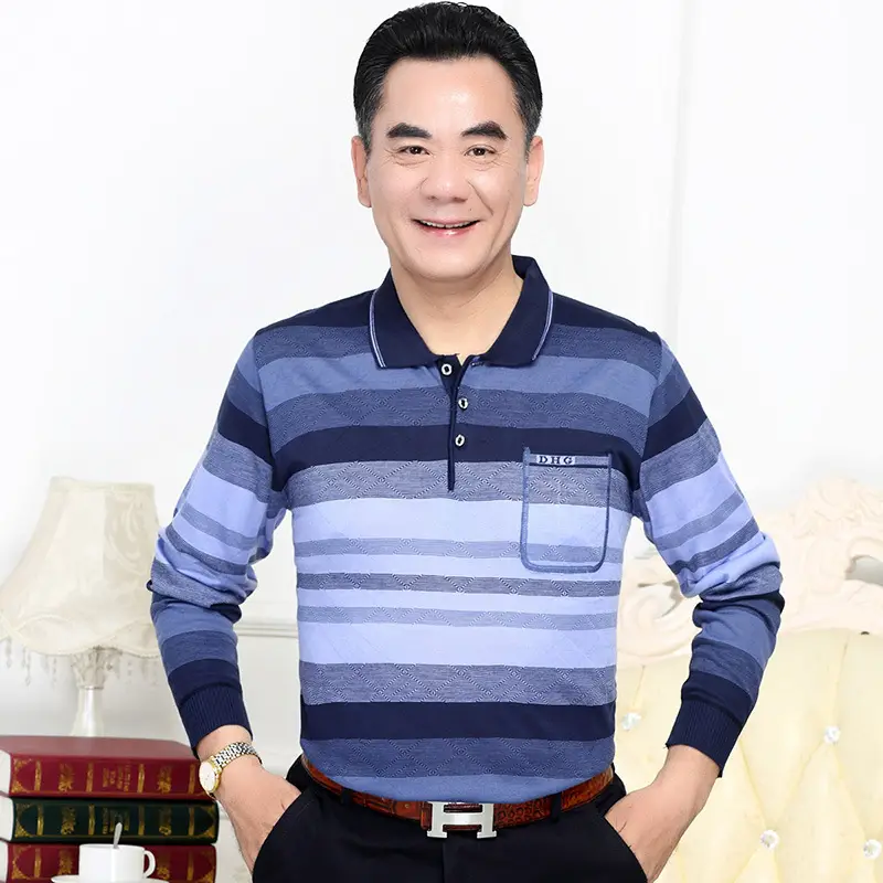 Men Long Sleeve Striped Polo T-Shirt with Real Pocket - Image 4