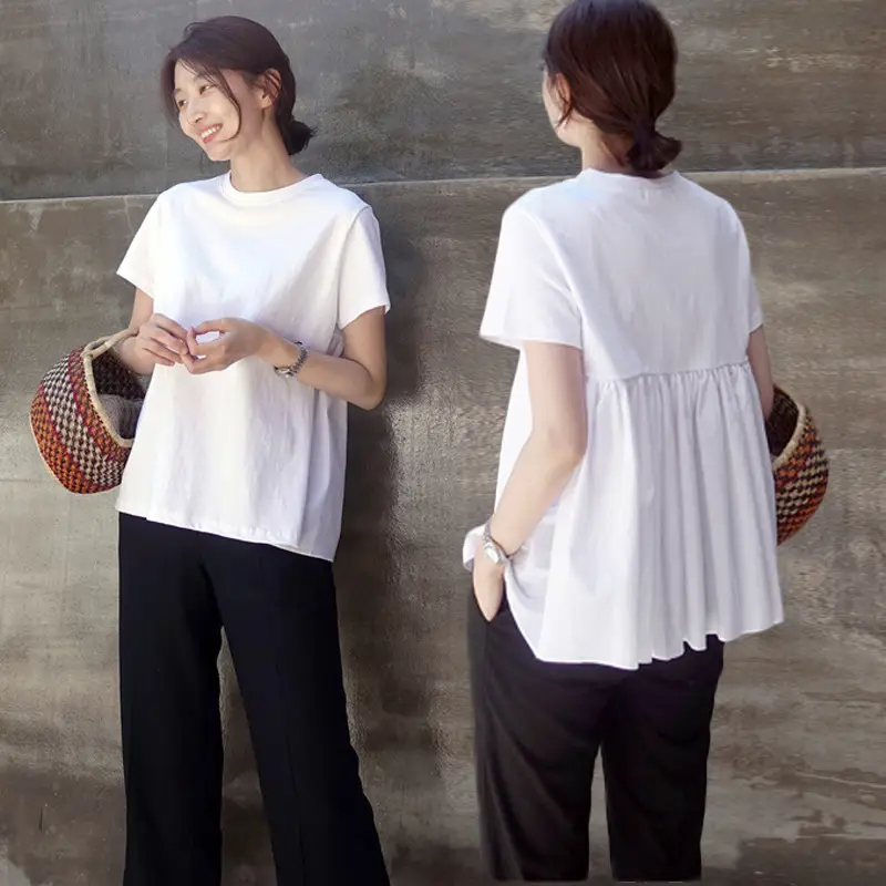Women White Puff Top T-Shirt Short Sleeve Casual Summer - Image 2