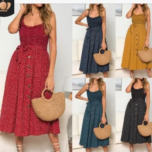 Women's Ruffled Polka Dot Sleeveless Dress with Straw Bag - Image 3