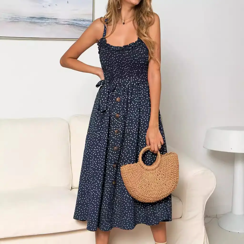 Women's Ruffled Polka Dot Sleeveless Dress with Straw Bag - Image 5