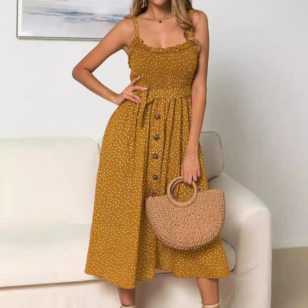 Women's Ruffled Polka Dot Sleeveless Dress with Straw Bag - Image 6
