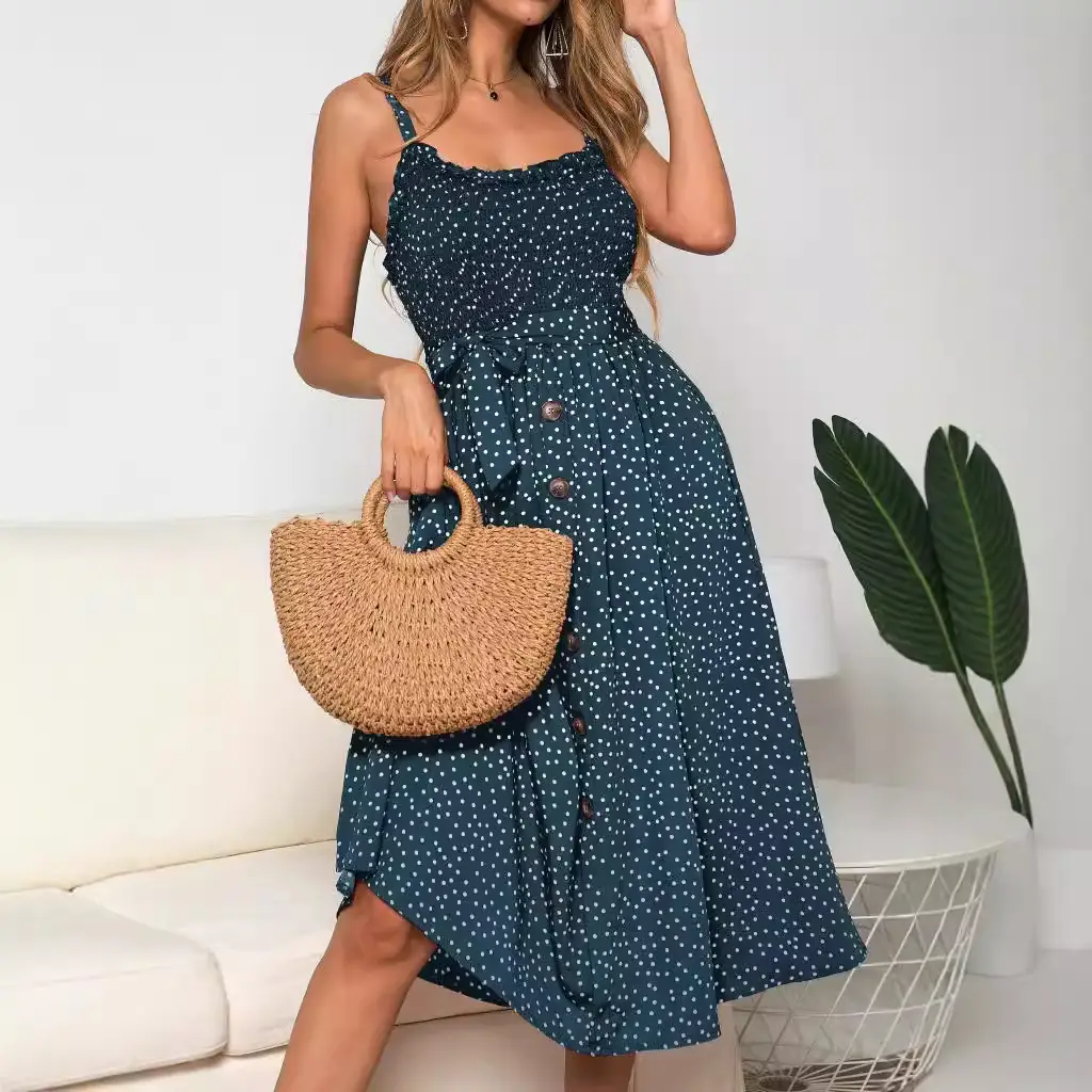 Women's Ruffled Polka Dot Sleeveless Dress with Straw Bag - Image 7