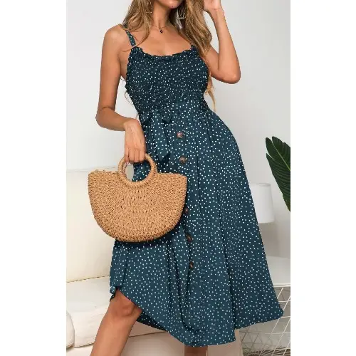 Women's Ruffled Polka Dot Sleeveless Dress with Straw Bag - Image 2