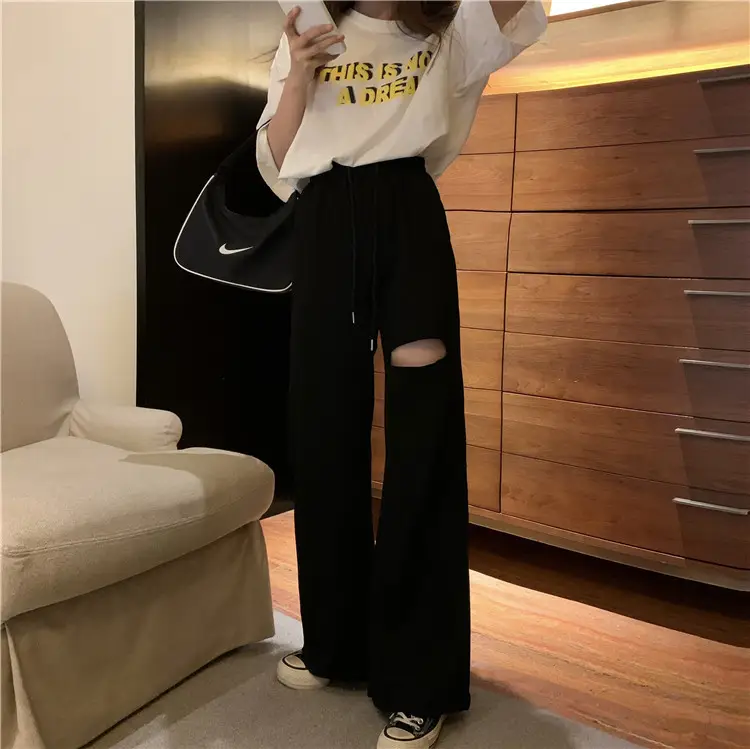 Ripped Wide Leg Pants Women Spring Summer Loose High Waist Casual Pants - Image 2