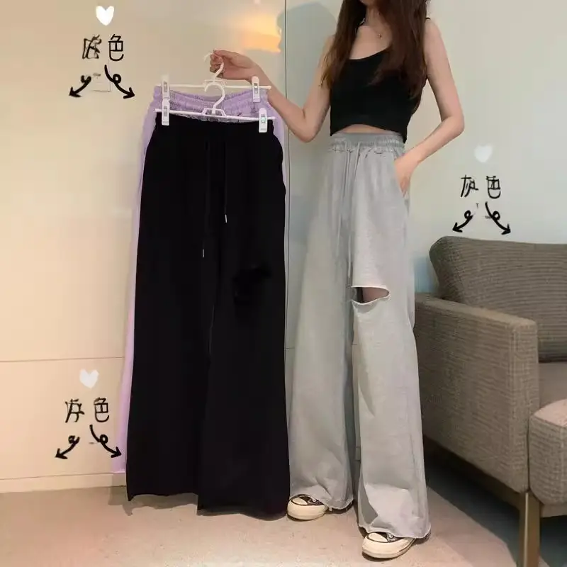 Ripped Wide Leg Pants Women Spring Summer Loose High Waist Casual Pants - Image 4