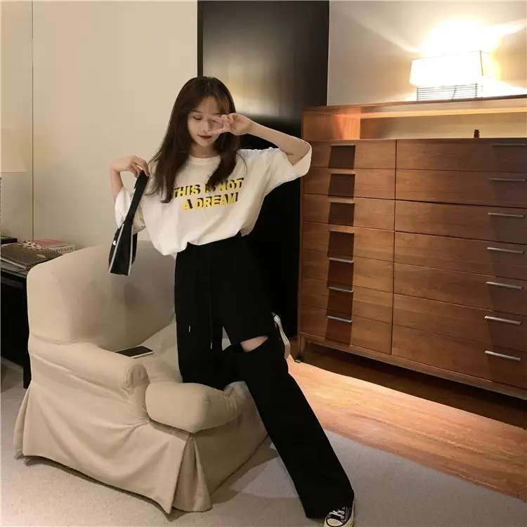Ripped Wide Leg Pants Women Spring Summer Loose High Waist Casual Pants — feature 10