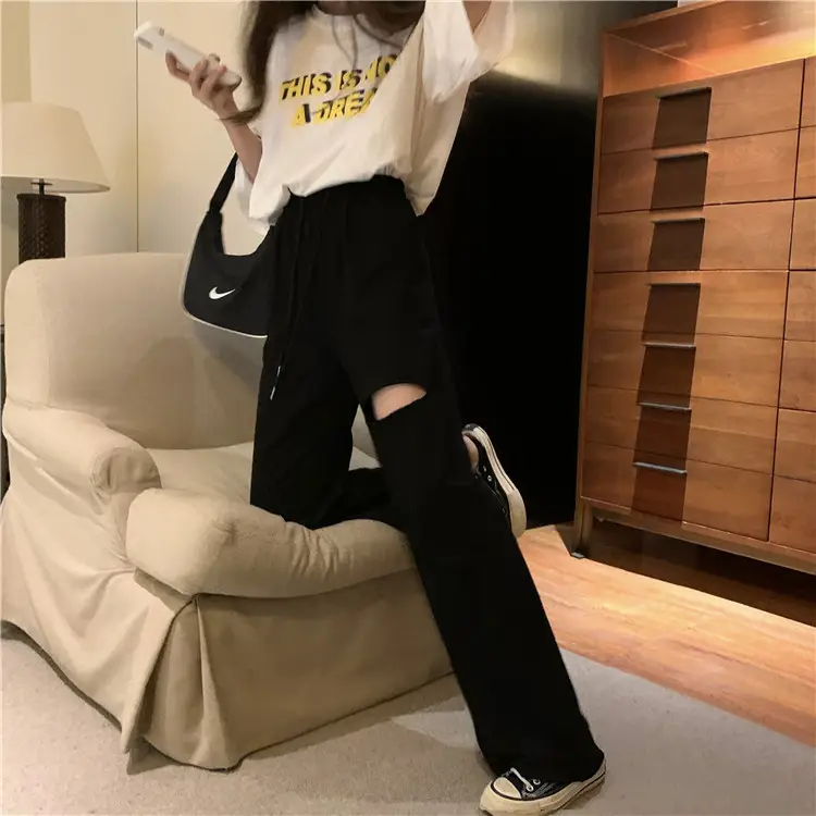 Ripped Wide Leg Pants Women Spring Summer Loose High Waist Casual Pants — feature 11