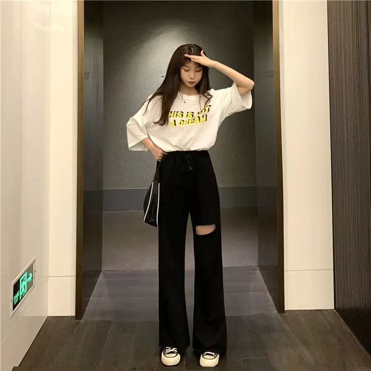 Ripped Wide Leg Pants Women Spring Summer Loose High Waist Casual Pants — feature 12