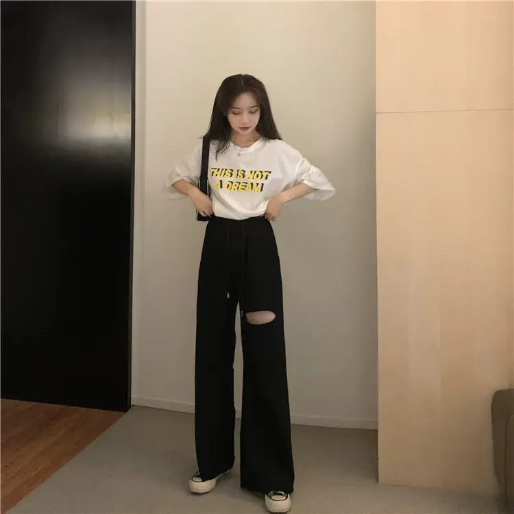 Ripped Wide Leg Pants Women Spring Summer Loose High Waist Casual Pants — feature 14