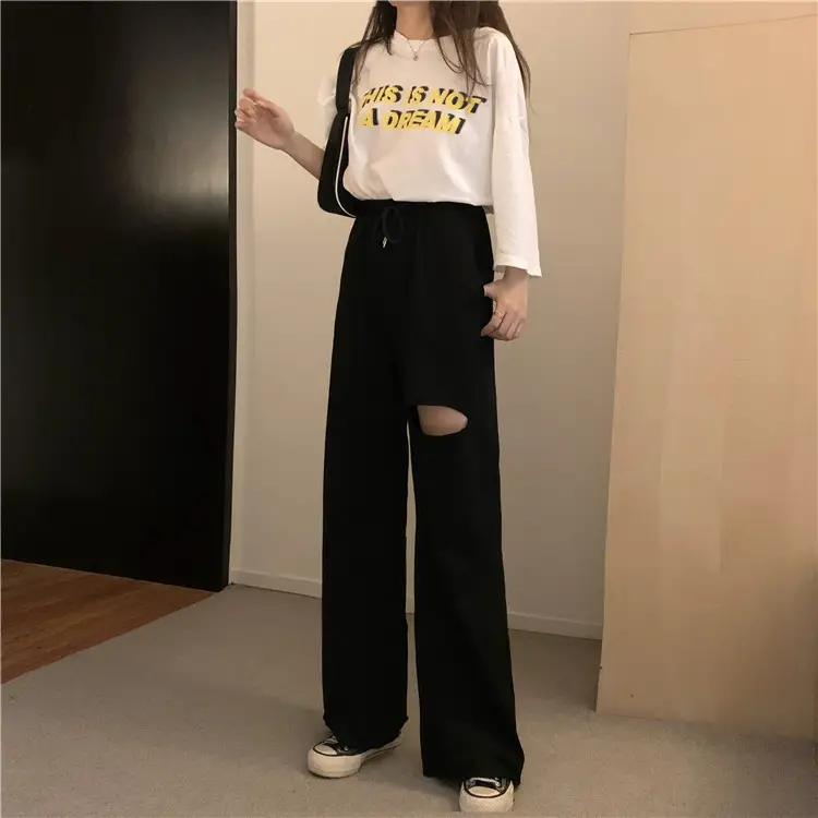 Ripped Wide Leg Pants Women Spring Summer Loose High Waist Casual Pants — feature 15
