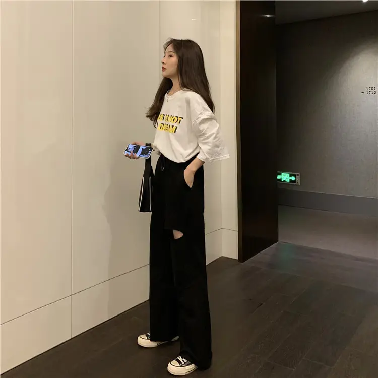 Ripped Wide Leg Pants Women Spring Summer Loose High Waist Casual Pants — feature 17